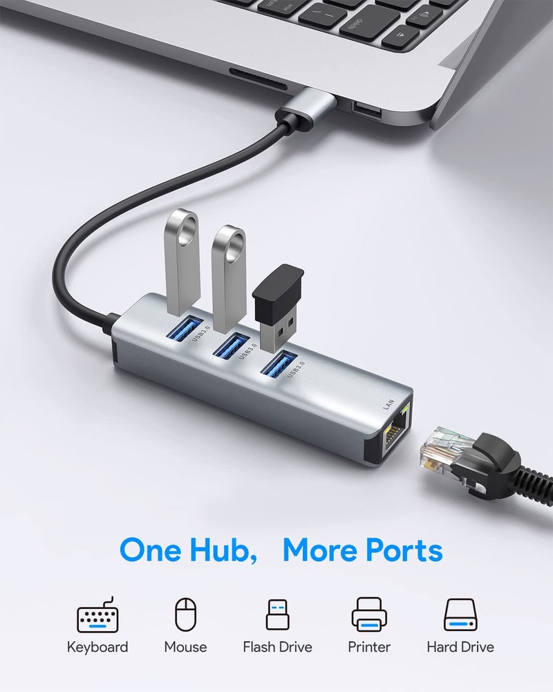 ABLEWE USB 3.0 to Ethernet Adapter,ABLEWE 3-Port USB 3.0 Hub with RJ45 10/100/1000 Gigabit Ethernet Adapter Support Windows 10,8.1,Mac OS, Surface Pro,Linux,Chromebook and More - Image 2